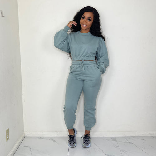 Cropped And Cozy Sweatpants Set (Dark Sage)